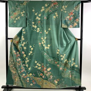 訪問着 身丈156cm 裄丈62.5cm S 袷 鴛鴦 草花 金糸 金彩 灰緑 正絹 美品 名品 【中古】