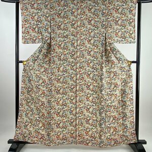 小紋 身丈160cm 裄丈63cm S 袷 草花 蝶 クリーム 正絹 美品 優品 【中古】