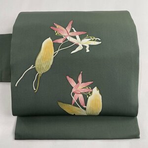 名古屋帯 美品 名品 草花 緑 正絹 【中古】