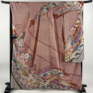  long-sleeved kimono length 166cm sleeve length 68.5cm L.... flower gold thread aperture stop . color silk name goods [ used ]
