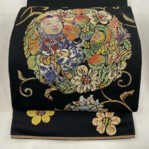 袋帯 逸品 龍村平蔵 落款 花鳥 赤子 箔 黒 六通 正絹 【中古】