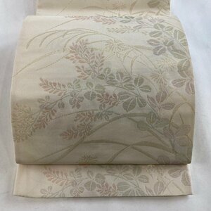 袋帯 美品 秀品 夏帯 紗 秋草 金糸 箔 ベージュ 六通 正絹 【中古】