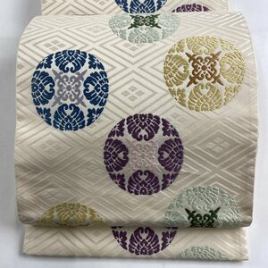 袋帯 秀品 浮線綾文 刺繍 クリーム 六通 正絹 【中古】