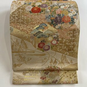 袋帯 美品 秀品 草花 鳥 刺繍 箔 金色 六通 正絹 【中古】