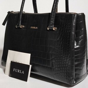 美品 フルラ トートバッグ クロコ 本革 レザー FURLA ブラック 黒 ビジネスバッグ ブリーフケース メンズ 大容量 仕事 A4可 肩掛け可 高級