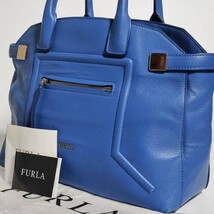 美品 フルラ トートバッグ 本革 シボ革 シュリンクレザー FURLA ブルー 青 ビジネスバッグ ブリーフケース メンズ 大容量 仕事 A4可 肩掛け_画像1