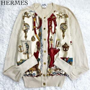  beautiful goods * rare model HERMES Hermes cardigan ensemble long sleeve gold button M size silk beige 