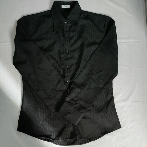 レディース長袖シャツ M ストライプシャツ ブラック シルクのような質感 ビジネスシャツ 縦縞
