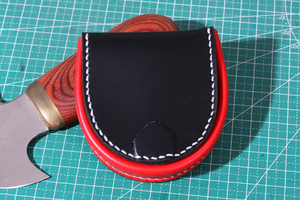 本革極厚 半円型馬蹄型小銭入れコインケース手縫いダブルカラーブラック/レッド