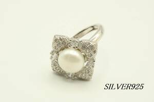 [WA644]SILVER925 square flower motif pearl biju- ring ring free size silver zirconia [ postage nationwide equal 198 jpy ]