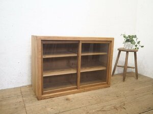 taP0982*H58cm×W83,5cm*.... glass. natural . old wooden display shelf * storage shelves cupboard case cabinet retro antique L.