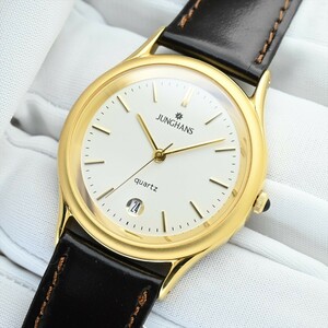 1. unused JUNGHANS/ Junghans *JY-505M quarts battery replaced men's wristwatch original belt used Gold color Date ivory face 