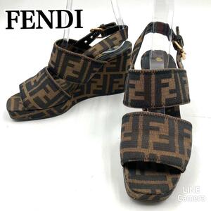 【美品】 FENDI フェンディ ズッカ柄　ウェッジソール サンダル ミュール　ゴールド金具　22.5cm～23.5cm