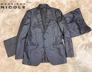 極美品！定価5万円【MONSIEUR NICOLE】ムッシュニコル ストライプ セットアップ シングルスーツ チャコール/46(M)◆通年OK