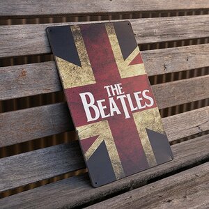 【ブリキ看板】ビートルズ BEATLES ロゴ ユニオンジャック (英国国旗) レトロ風 インテリア 店舗 カフェ 壁飾り 20cm×30㎝（送料無料！）