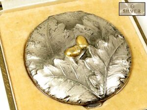 [7500] kimono small articles cosmetics tool Taisho ~ Showa era silver made chestnut engraving compact ( the first goods * purchase goods )