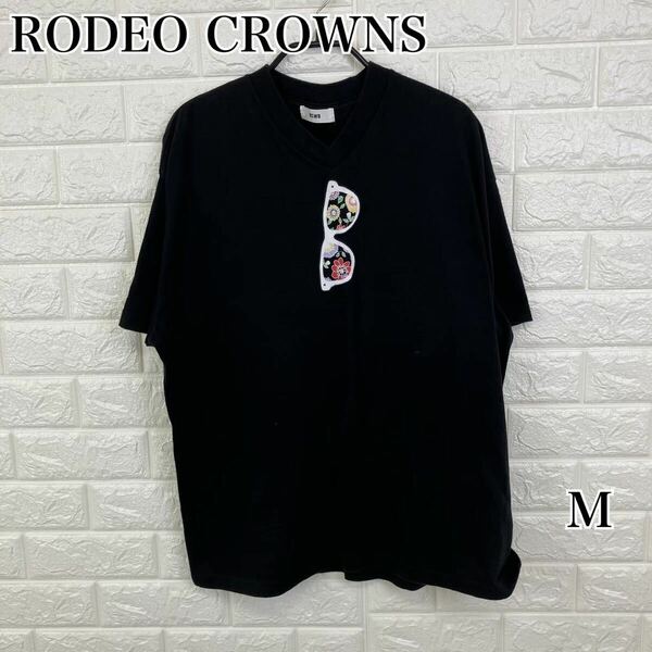 RODEO CROWNS ロデオクラウンズ Tシャツ　ユニセックス 黒 M　サングラス　花柄　プリント　ＲＣＷＢ　送料無料