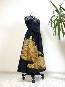 黒留袖着物リメイクウエストゴムロングスカート送料無料フリーサイズ1点物黒留袖着物リメイクロングスカートフリーサイズNO.1861