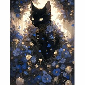 黒猫と花畑のダイヤモンドアート