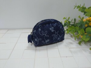 ★★★ ハンドメイド 　ミニポーチ 【花模様　デニム色】★★★