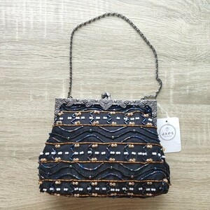 [ free shipping * anonymity delivery ] tag equipped axes femme axes femme bamboo beads embroidery bag black regular price 8690 jpy party bulrush . antique 