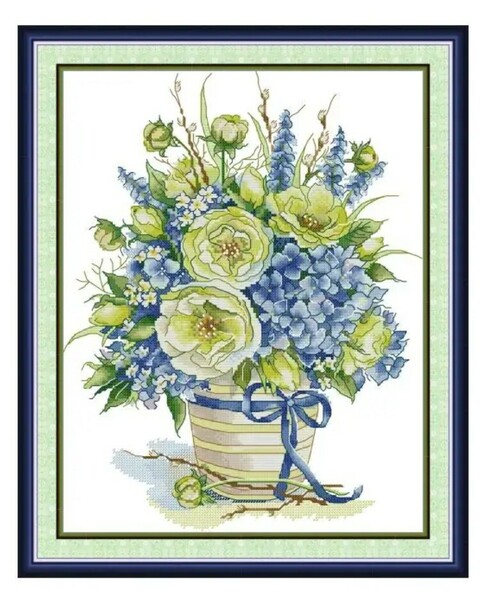 【送料無料・匿名配送】クロスステッチキット Blue Hydrangea Basket 青い紫陽花バスケット 14CT 32×40cm 布に印刷印刷なし 刺繍