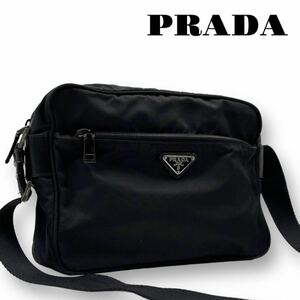 【美品】PRADA プラダ ショルダーバッグ カメラバッグ 三角ロゴ プレート テスートナイロン レザー 革 ブラック 黒 クロスボディ 斜め掛け