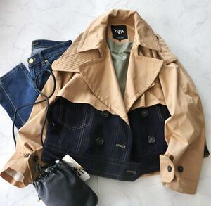 ZARA ザラ コントラスト ショート トレンチ コート大人素敵 異素材 ジャケット ベージュ×ネイビーストライプ 春 Mサイズ