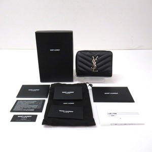 148U344★中古品 SAINT LAURENT サンローラン モノグラム コンパクト ジップウォレット 403723 二つ折り財布 エンボスレザー Vステッチ