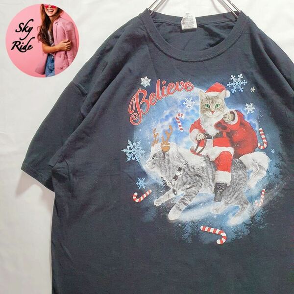 フルーツオブザルーム メンズ 半袖 プリント ヴィンテージ Tシャツ クリスマス サンタクロース 猫 ブラック XL 90's 古着 #MA0398