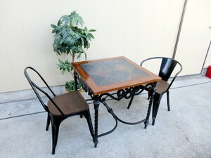 [T2967] Vintage manner tile ( Stone ) table chair 2 legs antique style 