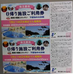 ②藤田観光 株主優待券 日帰り施設ご利用券 2枚セット 箱根小涌園ユネッサン 下田海中水族館 有効期間2024.4.1～2024.9.30 送料63円～