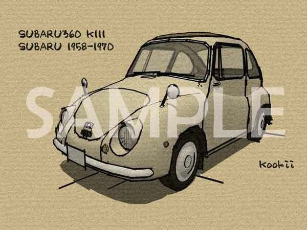 スバル360 K111 オリジナル手描き風イラスト（旧車、てんとう虫、デメキン）K111-A39