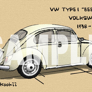 フォルクスワーゲン タイプ1 ビートル VOLKSWAGEN TYPE1 BEETLE オリジナル手描き風イラスト（旧車、VW、ワーゲンバス）TYPE1-B05の画像1