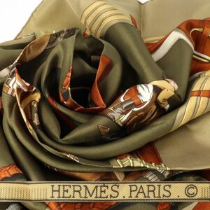 e3793【HERMES】エルメス　カレ90　大判シルクスカーフ　JUMPING　カーキ系　フランス製　スカーフ