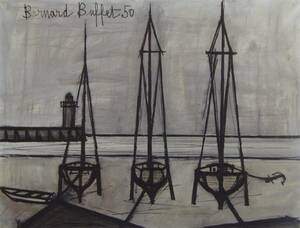 ベルナール・ビュフェ「三隻の船」　 希少画集・額装画、日本製新品額縁、状態良好、送料無料