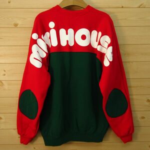 ◎80s 90s！mikihouse ミキハウス 日本製◆スウェット トレーナー エルボーパッチ アーチロゴ ヴィンテージ◆メンズ 赤×緑 Lサイズ◆A4392