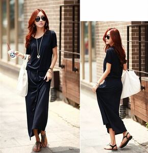  Maxi-length dress all-in-one short sleeves resort One-piece dress long One-piece maternity body type cover simple black black 