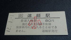 JR北海道　B型硬券　普通入場券　遠軽駅　小　12.1.1