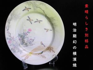 【 D716 】 セントルイス万博金賞受賞　素晴らしき別格品　幻の横浜焼　井村彦次郎作品　陽刻超細密画花鳥文額皿　H25.2cm