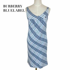 中古 バーバリーブルーレーベル BURBERRY BLUELABEL ノースリーブ 膝丈 ワンピース チェック総柄 ブルー系 レディース サイズ38