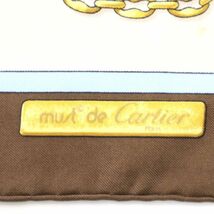 S3-TJ085 カルティエ Cartier フランス製 シルク 大判 スカーフ アイボリー/ブラウン/ライトブルー レディース_画像5