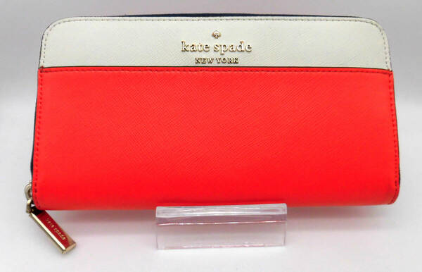 美品 kate spade ケイトスペード サフィアーノレザー バイカラー ラウンドファスナー レザーウォレット 長財布 赤×白