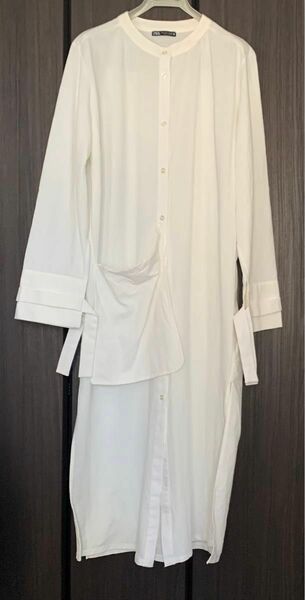 ★【ZARA】サイドポケット付き　チュニックドレス 白 シャツワンピース 綿