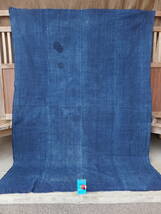 糸味面白い手織り青系中厚藍木綿古布・4幅繋ぎ・186×132㌢・重430g・襤褸・リメイク素材_画像1