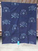 中厚藍木綿絣の扇面巾着文古布・4幅繋ぎ・146×126㌢・重350g・リメイク素材_画像1