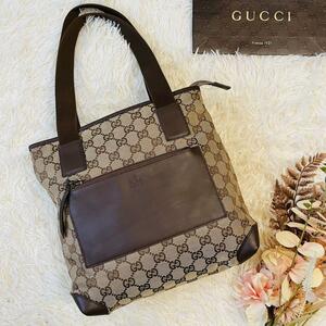 美品＊GUCCI トート ハンドバッグ gg キャンバス 肩掛け 前ポケット レザー ブラウン ベージュ グッチ カバン 鞄 かばん シリアル 型番