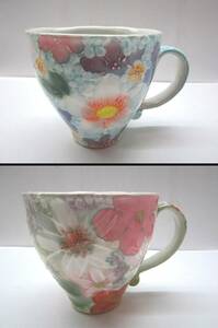 H0311-3H/ 工房ゆずりは 瀬戸焼 コーヒーカップ まとめ 計2点 ピンク ブルー 花柄 青