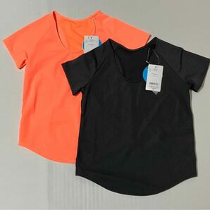 フットマーク　半袖Tシャツ　2枚セット　レディースSサイズ　オレンジ、ブラック　0242148 紫外線カット　吸水&撥水加工