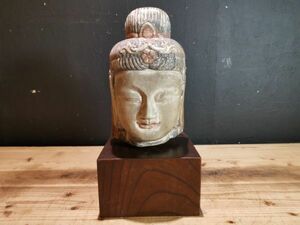 【陵】h84kf70r　時代 石彫 仏頭　サイズ(mm)：H440×W220×D208　重量：約20kg　・石像・　検索) 仏教美術　仏像　仏陀　釈迦　菩薩観音